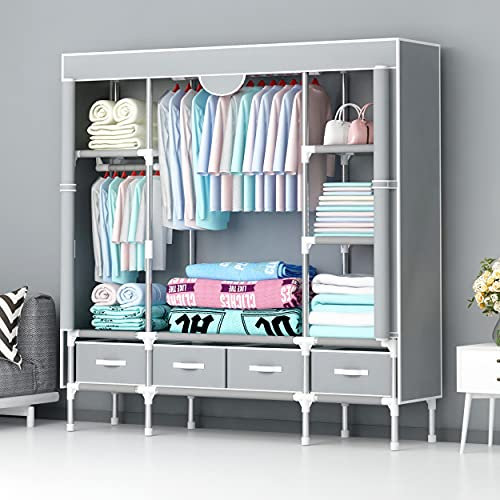 Anmas Power Armoire en Tissu avec tiroirs - 150 x 45 x 170 cm - Gris Clair Armoire assemblée dans la Chambre