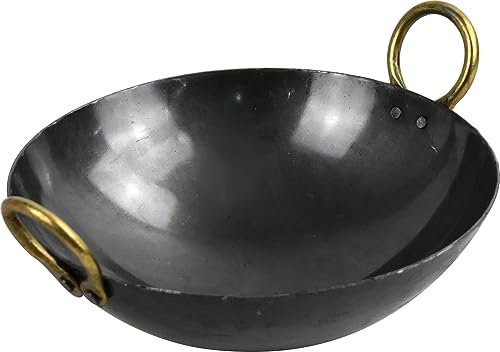 Iron Kadai Deep Frying Pan Traditional Kadhai for Cooking Indian Chinese Food Wok Pan Kitchen Tool for Families Multipurpose Hand Hammered Round Bottom Black (14 Inch)