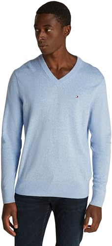 Tommy Hilfiger Pullover Uomo Cashmere V Neck Pullover in Maglia, Blu (Vessel Blue Heather), S