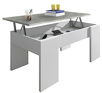 HOGAR24 ES | Mesa de Centro Elevable | Mesita de Salón Comedor | Color Blanco con Tapa en Gris Cemento | Medidas: 90cm x 50cm x 46cm / 56cm (Ancho x Fondo x Alto)