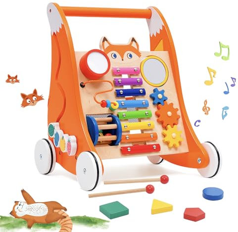 Lauflernwagen Holz für Kleinkinder - Multifunktionale Lauflernhilfe Mit Spielbrett, Musik und Holzspielzeug - Activity Center für Babys und Kinder