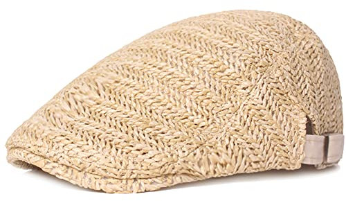 Béret de paille Newsboy pour homme et femme – Chapeau de plage d'été en maille lierre casquette plate unie unie réglable chapeau de paille de conduite, kaki, Taille unique
