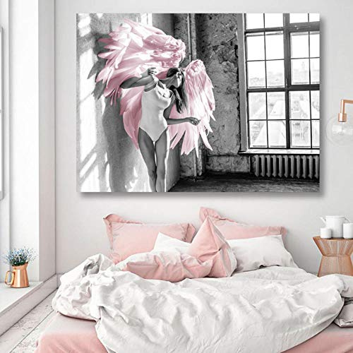 AdoDecor Bilder Wohnzimmer, Bild auf Leinwand, Engelsflügel rosa Feder Wandbilder Schlafzimmer, Badezimmer Boho Deko(Ungerahmt)