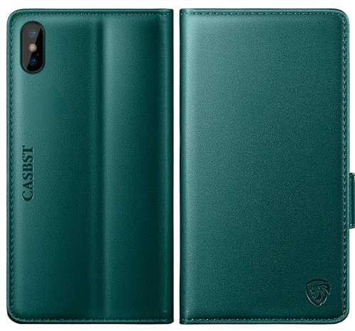 CASBST for iPhone X, iPhone XS Case, Kickstand Flip Leather Wallet Book Case with Card Slots Shockproof Magnetic Closure Protective Phone Case Cover Compatible with iPhone X/XS - Green