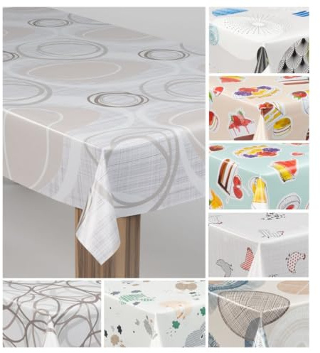 laro Wachstuch-Tischdecke Wachstischdecke Gartentischdecke, Muster:Kreiswogen Weiß Beige, Größe:140x2000