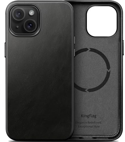 kingflag Leder Hülle für iPhone 14 6,1 Zoll Ölwachs-Oberleder Handyhülle extra Dünn Kompatibel mit MagSafe Metallknöpfen (Schwarz)