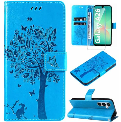 Hancda Phone Case for Samsung Galaxy A26 5G Leather Case with Tempered Glass Screen Protector Wallet Card Holder Slots Flowers Design Magnetic Phone Case Flip Cover for Samsung A26 5G,Blue