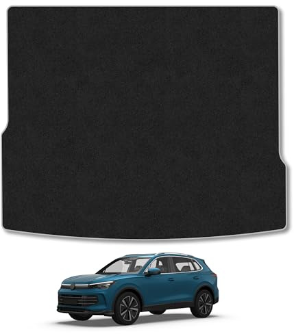 VW Tiguan (2024+) Carpet Boot Mat | Grey Edge Trim Tailored Fit Boot Liner Full Coverage Protection Accessories Easy Clean Anti Slip Made in the UK