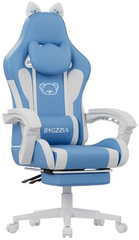 bigzzia Gaming Stuhl, Ergonomischer Gaming Stuhl mit Katzenohren für Mädchen Erwachsene,Höhenverstellbarer Rückenlehne Gaming Chair Komfortable Kopfstütze und Massage Lendenwirbelstütze (Weiß-Blau)