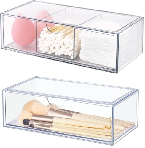 Stackable Makeup Organiser Storage, 2 Pack Acrylic Drawer Organiser, 3-Compartment & 1-Compartment Acrylic Makeup Organizer for Mirror Cabinet, Dressing Table, Desk, Bathroom (Type B)