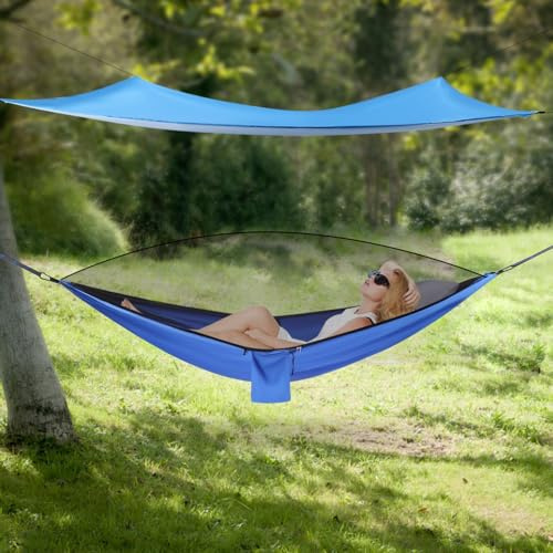Tarp - Bâche de tente de camping ultra légère - Imperméable - Avec hamac + moustiquaire anti-UV - Protection contre la pluie - Portable - Pour l'extérieur, le camping, la randonnée - 2,3 x 2,1 m