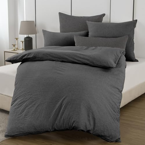 Nesture Bettwäsche 140x200 Baumwolle 2teilig, Anthrazit | 100% Baumwolle, gewaschene Leinenoptik, 1x Bettbezug 140x200 + 1x Kissenbezug 80x80cm, Bettwäsche-Sets, Weich & atmungsaktiv