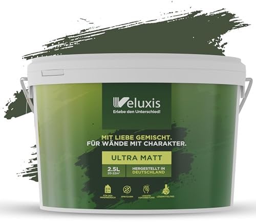Veluxis® Wandfarbe Grün für den Innenraum - 2,5 Liter & Deckkraft-Klasse 1, Streifenfrei, tropfarm & Öko Farbe, VOC-frei - (Zippy Zucchini)