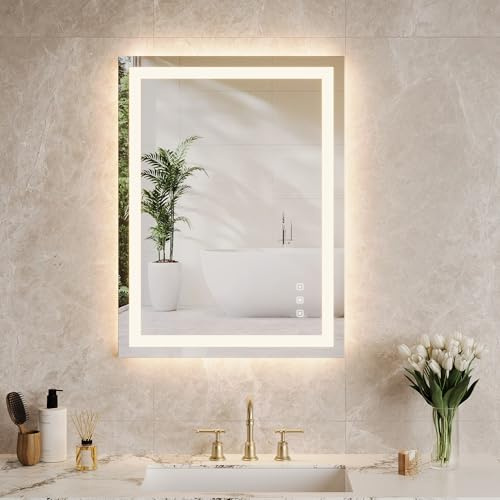PortoAlegre Badezimmerspiegel mit Licht, 60x80 cm Spiegel mit Beleuchtung, Beschlagfrei + 3 Lichtfarbe + Dimmbar Led Badspiegel, Led Badezimmer Spiegel Wandspiegel mit Touch Schalter