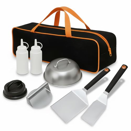 8 Pièces Ustensiles Barbecue Acier Inoxydable, Professionnel Ustensiles Plancha, Set Spatule Plancha, Kit Barbecue, Spatule Professionnelle pour Barbecue Extérieur, Teppanyaki, Camping