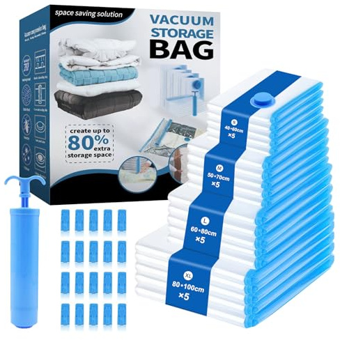 Bolsas de Vacío para Almacenamiento 20 Piezas Bolsas de Vacío para Ropa con Bomba Manual 5xExtragrande Grande Mediana Pequeña Bolsa al Vacio para Ropa de Cama Edredones Almohadas Mantas