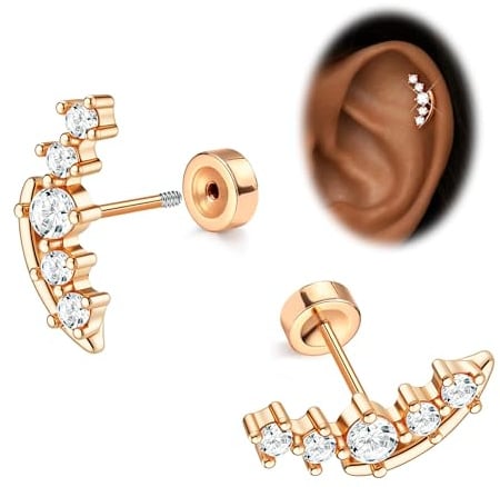 Morfetto 16G Boucles d'Oreilles Femme Acier Chirurgical Argent/Or - Hypoallergéniques Piercing Helix Tragus Conch Opale Cz Feuille Barre Cartilage Piercing Oreille Studs à Fond Plat Bijoux 6mm