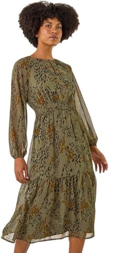 Roman Originals Speckled Print Keyhole Midi Dress for Women UK - Ladies Everyday Autumn Winter Round Neckline Comfy Soft Evening Vacation Work Party Night Out - Khaki - Size 10