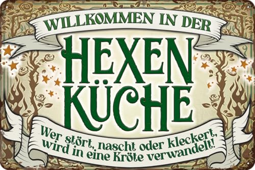 Retro Blechschild für Hexen Fans, lustiger Spruch WILLKOMMEN IN DER HEXENKÜCHE, ...wird in eine Kröte verwandelt! Deko Schild, 30 x 20 cm