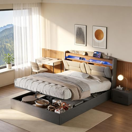 Polsterbett Doppelbett 140x200 mit Hydraulischem Stauraum, Bett mit LED und USB Ladestation, Jugendbett mit Bettkasten, Stauraumbett Bettgestell mit Lattenrost, Leinenstoff, Ohne Matratze, Hellgrau