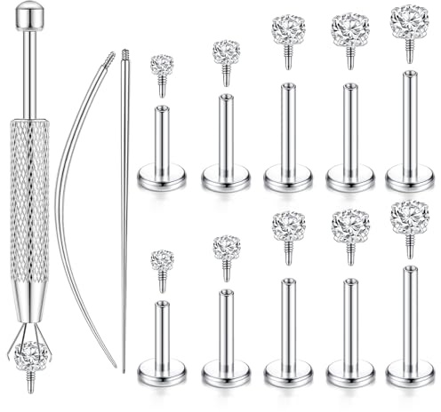 LORACOXS 16G/18G Flat Back Earrings for Women Men - Tragus Helix Conch Rook Ear Cartilage Piercing Jewelry, Hypoallergenic Internal Thread Studs, Ideal for Medusa Monroe Ashley Labret Snake Bite Lip Piercing