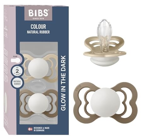 BIBS Supreme Glow Schnuller 2er-Pack, BPA-frei, Symmetrischer Nippel. Silikon, Hergestellt in Dänemark. Größe 2 (6-18 Monate), Vanilla Glow/Dark Oark Glow