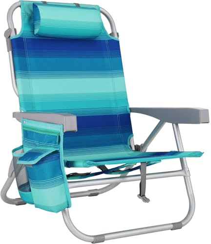 LIFERUN Strandstuhl Klappbar Leicht Aluminium, Rucksack Klappstuhl Strand, Campingstuhl Kann Flach Liegen,bis 150 kg belastbar, Outdoor Faltstuhl mit Verstellbarer Hohe Rückenlehne Eisbeutel Blau