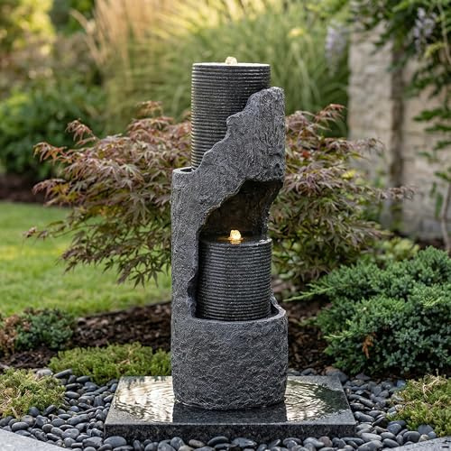 Gartenbrunnen mit LED-Beleuchtung, Wasserpumpe, Kunststein-Außenverkleidung und Zierbecken, Zimmerbrunnen, Wasserspiel für Garten und Terrasse, 34.5x34.5x100.5 cm (Grau-C)
