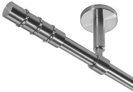 BASIT Gardinenstange Edelstahllook 16mm 1-läufig Decke Wand 240cm lang D11 | Gardinenstangenset einläufig Deckenmontage & Wandmontage Metall Vorhangstange 120-600cm wählbar Kappe mit Kristall E25
