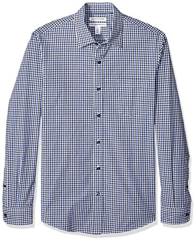 Amazon Essentials Men's Slim-Fit Long-Sleeve Poplin Shirt, Black Blue Gingham, L