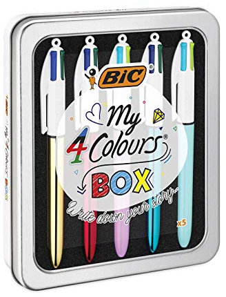BIC 4 Farben Kugelschreiber Set 4 Colours, 5er Stifte Set in Metallbox mit 3 Colours Shine & 2 Colours Fun Stiften, Geschenkidee für Sammler, My 4 Colours Box, 1 stück (5er Pack)