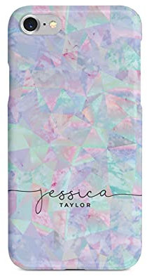 Tirita Personalised Phone Case Compatible with iPhone 7/8 / SE 2020 / SE 2022 Hard Cover PRINTED GLITTER, NOT REAL GLITTER Iridescent Holographic Hearts Glitter Stars Palm Leaves Custom Initials