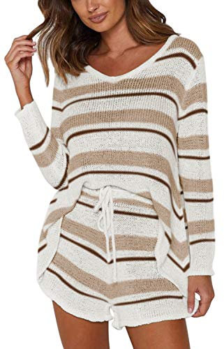 HAPCOPE Damen Langarm Stricksets Pullover Sweatsuit 2 Teilig Kurz Sweater Outfits - Braun - Groß