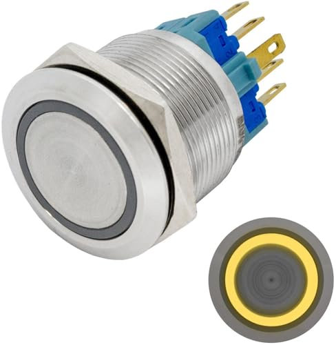 Lumonic Interruttore a pulsante in acciaio inox piatto diametro 22mm I Con un LED ad anello in giallo Dimensioni: 2,8x0,5mm Pin 250V 3A I Antivandalo secondo standard IP65