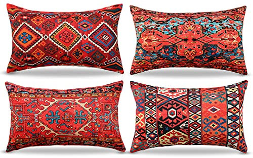 Kissenbezüge 30x50Cm Dekorative 4er Set Stammes-Abstraktes Rot Orientalisch Kissenbezug Teppich Muster Kissen Dekokissen Böhmischen Kissenhüllen Leinenkissen Sofa Deko