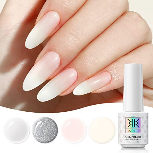 RSTYLE Gel Nagellack Set - 4 Farben, 6ML Französisch Milchweiß UV Glänzend Schellack Mit Hohlem Design - Soak Off UV LED Gel