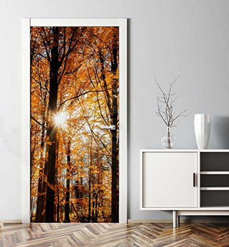 MyMaxxi - Tür bekleben mit Türtapete Türposter Türfolie Selbstklebend 90x200 Herbstwald - Tür verschönern Türaufkleber Türklebefolie Blätter Erntezeit orange