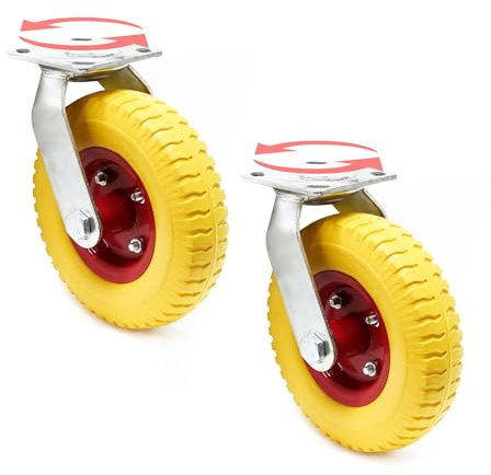 Wiltec Lenkrollen Set 2x Ø220mm Transportrolle 58mm breit bis 100kg pro Rad gelb aus Vollmaterial mit schwingender Halterung, pannensicher, leiser Lauf