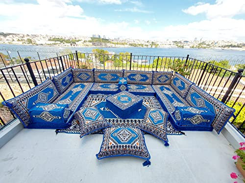 U Shaped Arabic Sofa Set, Terrace Pallet Sofa, Royal Blue Sectional Sofas, Floor Cushions, Arabic Majlis, Pouffs Turkish Floor Seating Set (U Sofas + Rug)