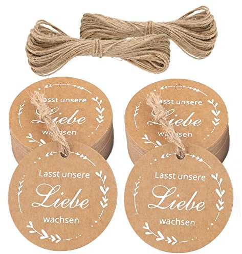 jijAcraft LASST UNSERE LIEBE WACHSEN Geschenkanhänger: Rund Kraftpapier Anhänger für Hochzeit 5CM Papieretiketten mit Schnur 100 Stück Labels für Gastgeschenke