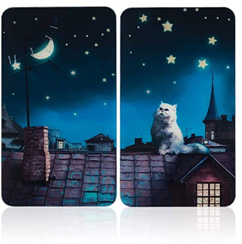 Maximex Herdplattenabdeckung MOON CAT, Höhenverstellbare Glas Abdeckplatte für alle Herdplatten, Schneidebrett & Spritzschutz Küche ohne Bohren, Herdabdeckplatten Ceranfeld 2teilig, Mehrfarbig