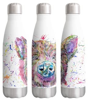 Vixar Pig Farm animals Watercolour rainbow art Bottle double Wall insulated Stainless steel sport Drinks 500ml WHITE Gift ideal for school work office Oudoor sports keeps Hot and Cold Drinks