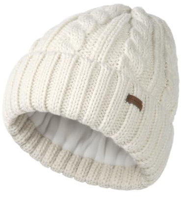 Fleece gefütterte Zopfstrickmütze für Damen Beanie Mütze Warme Winter Schnee Ski Totenkopf Kappe, Weiß, Einheitsgr��e