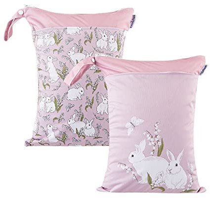 Treer Windeltasche für Babys Unterwegs, 2 Stück Stoffwindeln Nasstaschen Wasserdicht Waschbar Groß mit Doppelreißverschluss Nasse Trocken Wickeltasche Wetbag Kindergarten (rosa Hase,30x40cm)