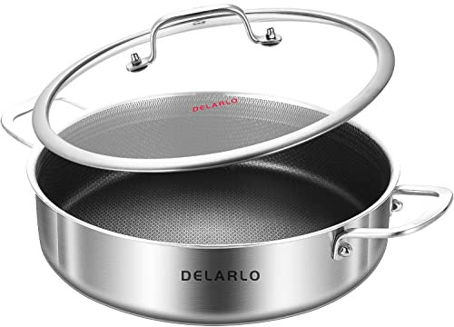 DELARLO Poêle à frire profonde en acier inoxydable triple épaisseur de 6 litres, compatible avec les plaques à induction, grande sauteuse avec couvercle, passe au lave-vaisselle et au four, sauteuse