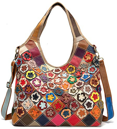 Karoukee Bunte Patchwork Damen Handtasche, Stilvolle Echtleder Tote Bag Große Henkeltasche mit Top Griff, Mode Shopper, Casual Laptop Schultertaschen für Frauen