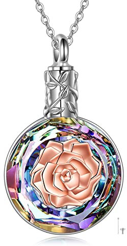 URONE Rose Urn Necklace for Ashes for Women 925 Sterling Silver Rose Flower Crystal Ashes Pendant Necklace Cremation Jewellery Memorial Gifts for Mum Wife