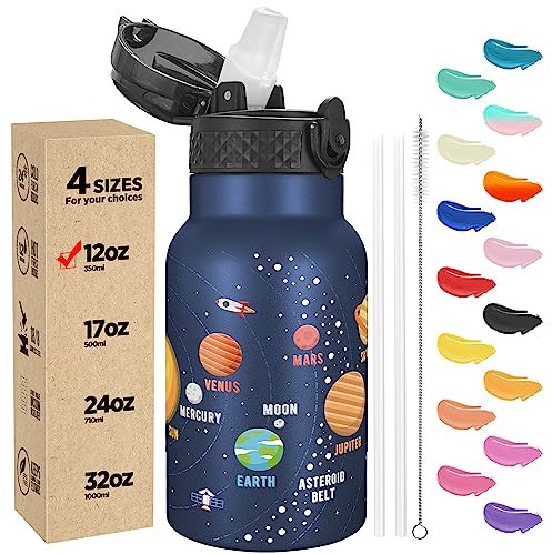 Han's Bottle Kids Water Bottle with Straw Lid - Insulated Stainless Steel Reusable Tumbler for Girls,Boys,Thermo Mug,12oz,Space Planet