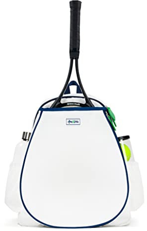 Ame & Lulu Game On Tennis-Rucksack – enthält gepolsterte und verstellbare Gurte – zwei Außentaschen für Wasserflaschen – Weiß/Marineblau/Grün
