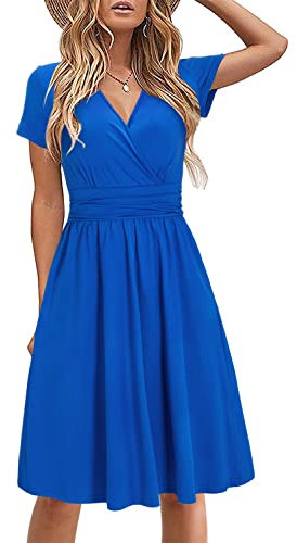 STYLEWORD Damen Sommerkleid Kurzarm V-Ausschnitt Kleider Einfarbig Kleid Strandkleid Mit Taschen(Blau,Mittel)